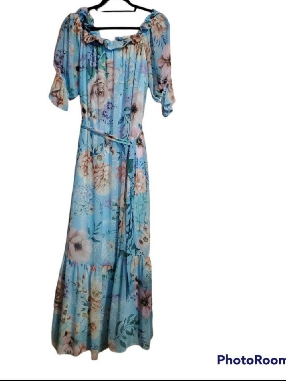 Flying Tomato light blue floral off the shoulder tie waist maxi dress small